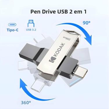Imagem de Pen Drive KODAK USB3.2 Tipo-C 2 Em 1 De 256GB Para Telefone E Computad