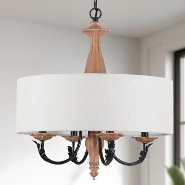 Imagem de Tescruant Lustre Moderno De Tambor Francês 17,3" Em Estilo Country, Luminária Meados Do Século, Madeira Rústica Com Cúpula Linho, Vintage, Envelhecida Para Sala Jantar, Estar E Cozinha, E12