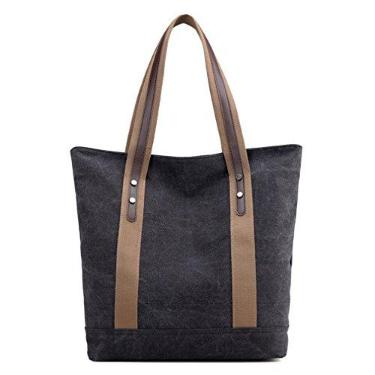 Imagem de Sunshinejing Bolsa de ombro feminina de lona, retrô, casual, bolsa de trabalho, bolsas, Preto, Medium