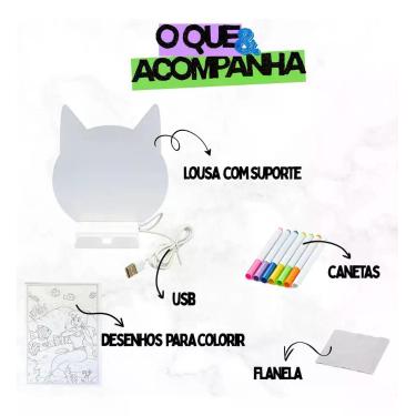 Imagem de Lousa LED Gatinho 15 x 15 cm com 6 Canetas Coloridas e Suporte - Bella