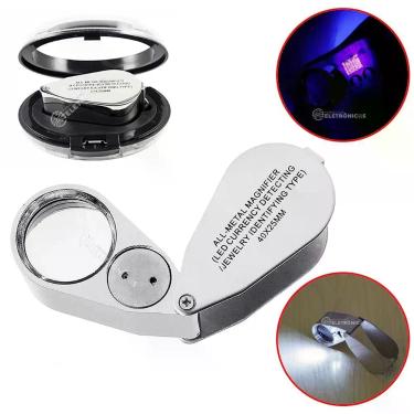 Imagem de Mini Lupa Dupla Aumento Para Joias Com LED Branco e UV 40x25mm 9890 - 