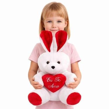 Imagem de Coelho Grande de Pelúcia 48cm com Coração "Eu Te Amo" Presente Infantil Páscoa (Vermelho)