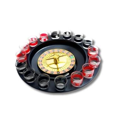 Imagem de Jogo Roleta Shot Premium 16 Copos Numerados – Base Preta com Detalhes Dourados, Copos de Vidro Vermelho e Preto, Ideal para Festas, Confraternizações e Presentes Divertidos