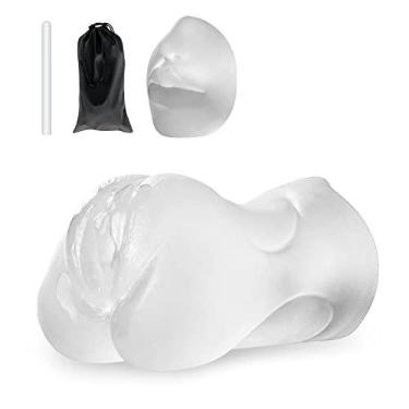 Imagem de 3 em 1 masturbador masculino buceta de bolso realista com bastão de secagem e saco de armazenamento à prova d'água, brinquedo sexual masculino de ponta dupla Onahole língua de boca vagina texturizada e ânus apertado para masturbação masculina (Transparente)