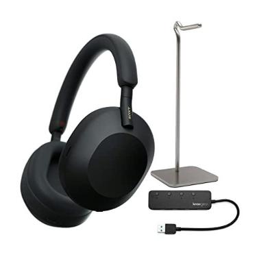 Imagem de Sony Fones de ouvido intra-auriculares WH-1000XM5 sem fio com cancelamento de ruído (preto) pacote com hub USB 3.0 de 4 portas e suporte de fone de ouvido de liga (3 itens)