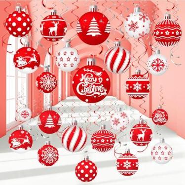 Imagem de Harrycle Conjunto de 54 peças de decorações de pendurar de Natal, espirais de alumínio, decoração de bola, decoração de teto, para chá de bebê, suprimentos de festa de inverno (vermelho branco)