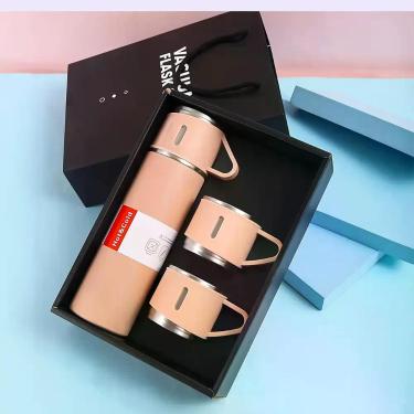 Imagem de Kit Garrafa Térmica com 3 Xícaras Rosa Conjunto para Café e Chá Utilid