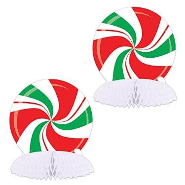 Imagem de Beistle 2 peças de centro de mesa de papel de cartolina e menta doces, decorações de festa de Natal para decoração de Natal com tema de biscoito de gengibre, 22 x 21 cm, vermelho/branco/verde