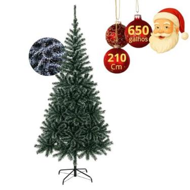 Imagem de Árvore de Natal 210 cm 650 Galhos Cheio Verde e Branco Base em Ferro Pinheiro Artificial