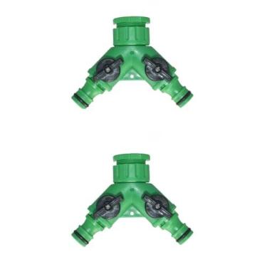 Imagem de Adaptador Y com 2 Saídas Engate Rápido, Verde, com Válvulas Individuais Abre e Fecha, para Mangueira de Jardim, Kit com 2 Unidades