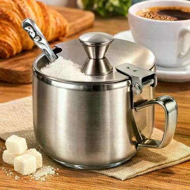Imagem de Açucareiro Inox 220ml com Colher e Visor de Vidro  Porta Açúcar Aço In