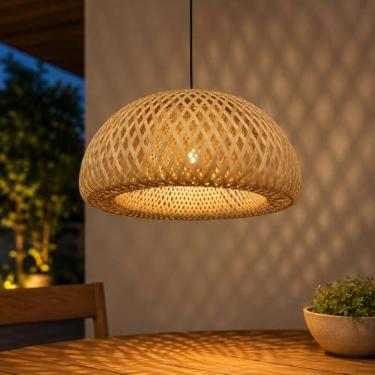 Imagem de Luminária de Teto Lustre Pendente Bambu Malibu Rústico 43cm Redondo Vime Rattan Trançado Fee Utilidades