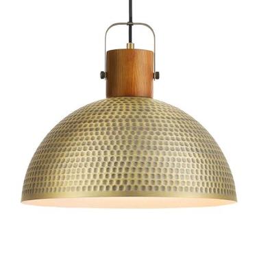 Imagem de ELYONA Luminária pendente martelada grande de 40,6 cm de madeira de freixo vintage cúpula para pendurar lustre de cozinha de metal dourado antigo para ilha, casa de fazenda, sala de jantar, sala de