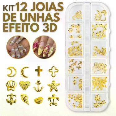Imagem de Kit 12 Joias 3D Unhas Nail Art Decoração Diversas Dourado - Arte Seduç