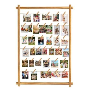 Imagem de Porta-retratos de colagem, quadro de exibição de fotos com clipes, molduras para pendurar fotos, decoração de parede para casamento, formatura, festa, aniversário, cartas, postais, Natal, organizador