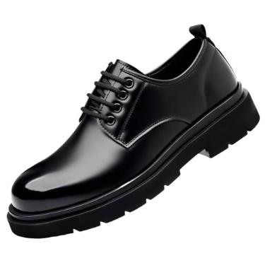 Imagem de Sapato social masculino vintage de couro com cadarço plataforma Oxfords preto bico redondo sola de borracha macia antiderrapante à prova d'água negócios formal Derby sapatos sociais, Preto Jet, 38