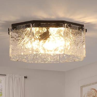 Imagem de MWZ Luminária de teto de montagem semiembutida preta de 3 luzes com persiana de vidro martelado, lâmpada de montagem embutida moderna de 30 cm com chassi de metal octogonal para cozinha, ilha, entrada