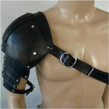Imagem de Armadura de ombro único vintage, arnês de proteção de ombro medieval ajustável, arnês masculino de couro PU, para acessório de fantasia de cosplay de Halloween, preto, esquerdo