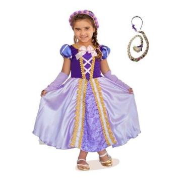 Imagem de Vestido de Fantasia Infantil Princesa Rapunzel Opção Com Trança e Luvas (Vestido Com Trança + Par de Luvas, G)
