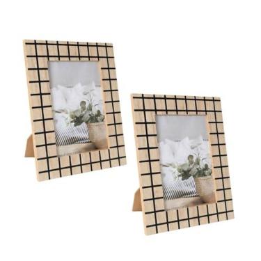 Imagem de Kit 2 Porta-Retratos Quadriculado 10x15 cm Preto e Natural – Porta-Retrato Decorativo de Mesa em MDF para Sala, Quarto, Escritório ou Presente – Estilo Moderno Minimalista