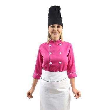 Imagem de Kit chef cozinha feminino Dolmã manga 3/4 + Avental branco + Chapéu pr