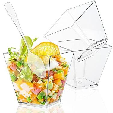 Imagem de Alaeseje Pacote com 50 mini copos de sobremesa quadrados de plástico de 100 ml com colheres, copo de plástico para aperitivo de parfait, copos de plástico descartáveis para pudim e sobremesas