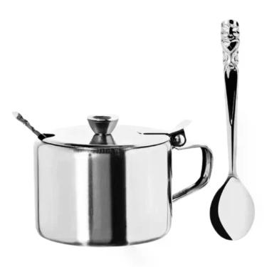Imagem de Açucareiro em Aço Inox com Colher Porta Açúcar e Condimentos Aço Inox Resistente e Moderno para Cozinha Prata 450ML