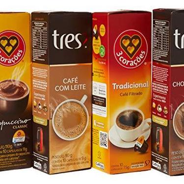 Imagem de Kit de Cápsulas 3 Corações 40 Cápsulas - Chocolate Quente, Cappuccino Classic, Café com Leite, Filtrado - Torra Escura, Sem Açúcar