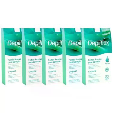 Imagem de Kit 5 Folhas Prontas Depilação Corporal Aloe Vera Depilflax Cera Fria 