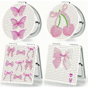Imagem de Bulerrylulu 4 peças de pintura de diamante compacto espelho de arte pedra rosa espelho de bolso compacto diamante arte pequeno kit para iniciantes adultos arte faça você mesmo artesanato presentes
