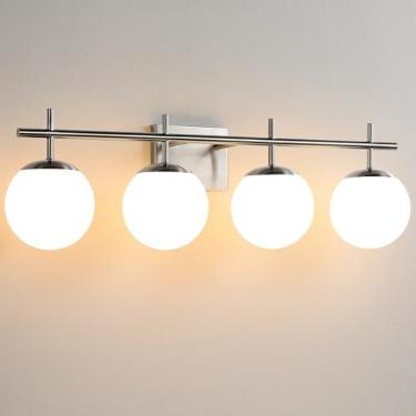 Imagem de AIJIASI Luminária de penteadeira, níquel escovado de 4 luzes, luminária moderna de banheiro de 78 cm com sombra de globo de vidro branco leitoso, luzes sobre arandela de parede espelhada