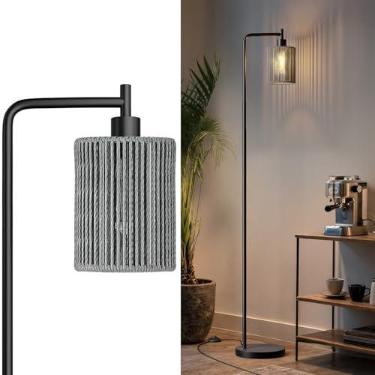 Imagem de Oneach Luminária de chão preta de 167 cm para sala de estar, luminária de chão boho com lâmpada de LED, interruptor de pé, persiana de vime cinza, lâmpada de pé de fazenda alta industrial para quarto
