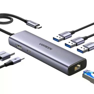 Imagem de Adaptador usb tipo c 6 em 1 hdmi 4k 3 usb 3.0 rj45 gigabit usb-c pd 10