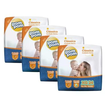 Imagem de Kit 4 Fralda Descartável Infantil Pom Pom Clássica Cuidado Diário Mega