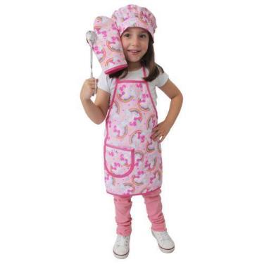 Imagem de Kit Avental Infantil com Touca e Luva Menina 3 Pçs Unicórnio Rosa - Re