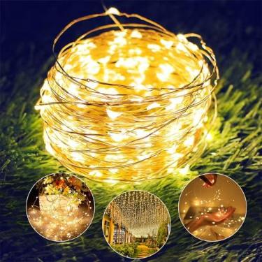 Imagem de Luz de Fada 10 Metros 100 LEDs Quente, Decoração Natal Pisca Pisca, Casamento, Festa, Quarto, Varanda, Cordão Luminoso Ambiente Fio Cobre Enfeite Casa Jardim Piscina Cortina Balada