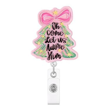 Imagem de Carretel de crachá de árvore de Natal rosa, bonito porta-identidade retrátil com design brilhante de férias para enfermeiros, professores e funcionários de escritório