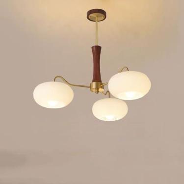 Imagem de Lustre de 3 luzes, lustre antigo de latão com vidro leitoso, luminária pendente de madeira semi-embutida, vintage, de fazenda, lustre moderno de meados do século para quarto, sala de estar,