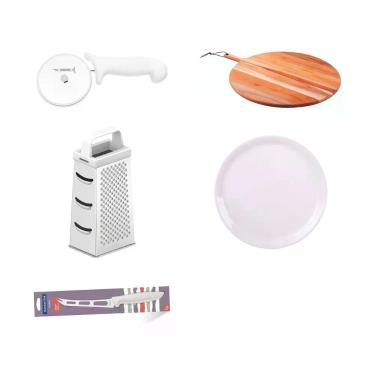 Imagem de Kit Pizzaiolo com Cortador de Pizza Tábua Redonda Ralador 4 Faces Prato e Faca de Queijo em Aço Inox Madeira Teca FSC