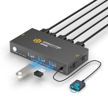 Imagem de GREATHTEK Kvm Switches 2 Portas 8K @ 60Hz, Kvm Switch Hdmi Share Dispositivos Usb com 3 Hubs Usb3.0, 2 Computadores 1 Monitor Share Teclado Mouse Impressora, Interruptor de Botão Controle Remoto de Me
