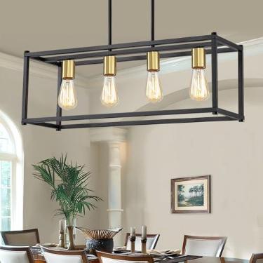 Imagem de Yusist Luminária De Sala De Jantar Com 4 Luzes, Iluminação De Ilha De Cozinha Estilo Fazenda Preta, Luminária Pendente Rústica Sobre A Mesa Com Hastes Ajustáveis, Lustres Lineares Modernos Para Sala