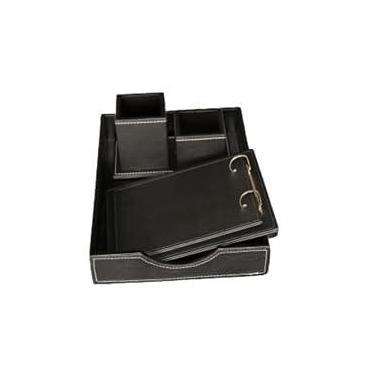 Imagem de Kit Organizador de Escritório - Conjunto para Organização de Mesa com 3 itens - Couro (Kit Escritório - Couro Preto - Linha Branca)