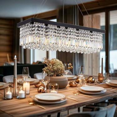 Imagem de 7PMBEANE Lustre de cristal retangular K9, luminária retangular contemporânea, lustres de cristal modernos pretos para sala de jantar cozinha ilha L79 x L 25 x A 25 cm