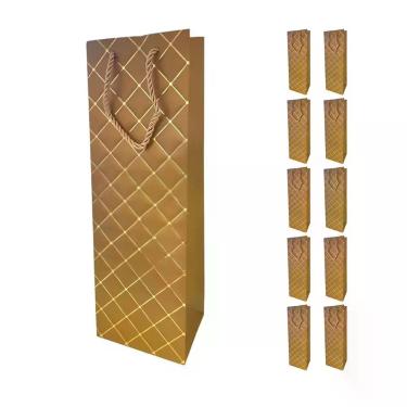 Imagem de 10un Sacola p/ Vinho Presente Papel Dourado 36x12x9cm premium - Wellmi