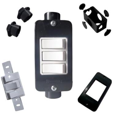 Imagem de KIT Interruptor Triplo Branco + Condulete Sobrepor 4/2pol + Placa + Adaptadores 1/2pol (Preto)