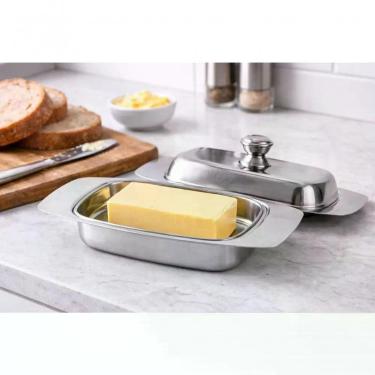 Imagem de Manteigueira com Tampa Inox Armazenar e Servir Manteiga Aço Inox Protege Contra Poeira e Impurezas Cozinha e Café