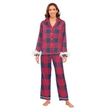 Imagem de GuoChe Conjunto de pijama feminino leve e confortável, conjunto de pijamas femininos para festa de casamento, dama de honra, Xadrez de búfalo azul vermelho desenhado à, P