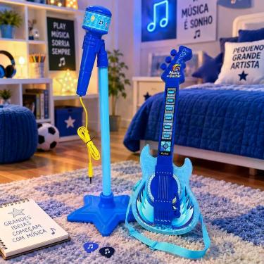 Imagem de Guitarra Infantil com Microfone e Pedestal Karaokê MP3 - Azul - TOYS &