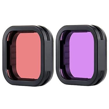 Imagem de YALLSAME Filtro subaquático para GoPro Hero 12 11 10 9 preto com filtro de cor vermelha e magenta, acessórios de gravação de mergulho raso/mergulho raso para Go Pro 9 10 11 12