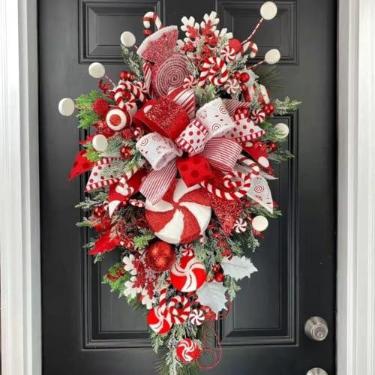 Imagem de Guirlanda de bengala doce de Natal para porta da frente – decoração de férias em gota vermelha e branca com enfeites de bola, guirlanda de Natal para ambientes internos e externos para escadas